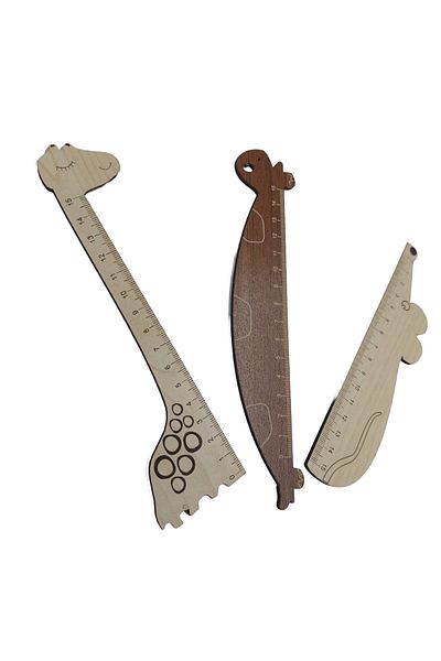 şamaksesuar Set of 3 (3 mm Mdf) Wooden Ruler (15 cm) Mouse - Giraffe - Turtle