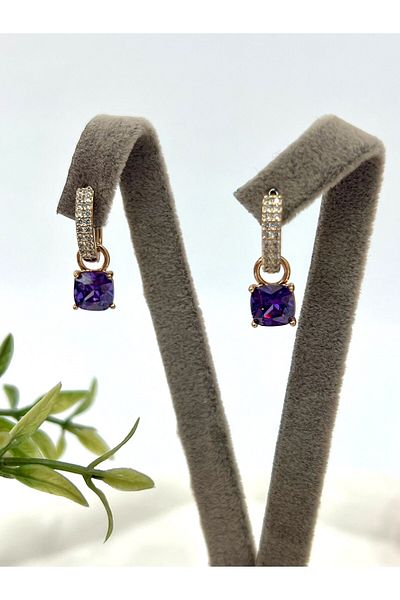 XUPING JEWELRY Square Figured Luxury Purple Zircon Stone Steel Earrings (18K Gold)