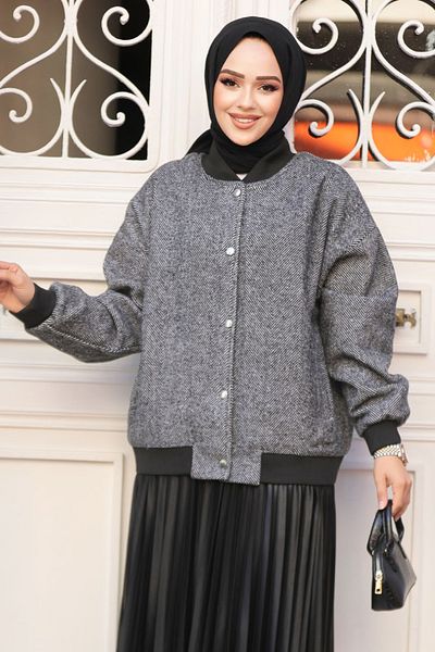 Neva Style - Buttoned Black Hijab Bomber Jacket 9263S