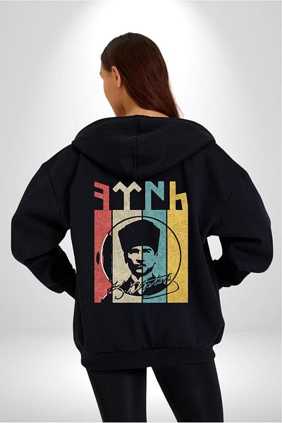 Angemiel Atatürk Signed Turkish Logo - Men's and Women's Black Hooded Zippered Cardigan Sweatshirt