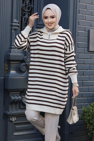 Neva Style Tunica de tricotaj Hijab cu dungi crem - 65902KR