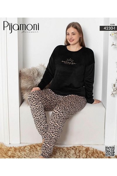 Pijamoni Set de pijamale cu mânecă lungă, catifea, mărime mare, pentru femei, 4230/1- 1 buc