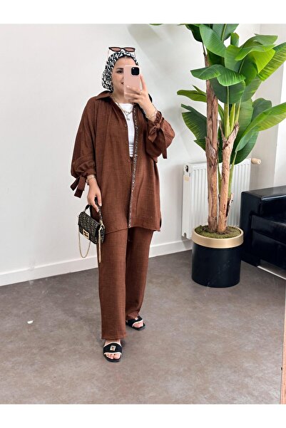 ASEL FASHİON Bitter Brown Cotton Linen Set - Beaded and Cuffed