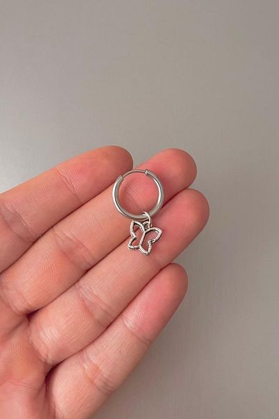 Jaida Moda Unisex Silver Butterfly Figured Steel Dangle Hoop Earrings