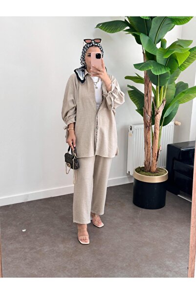 ASEL FASHİON Beige Colored Beaded Cotton Linen Set - Cuffed