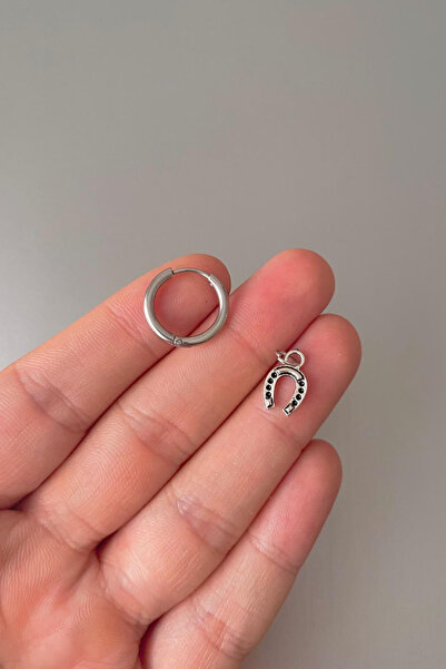 Jaida Moda Unisex Silver Horseshoe Figured Dangle Steel Hoop Earrings