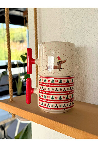 Mio Life Set of 2 New Year Themed Red Transparent T Mugs with Dog and Pine Tree Pattern New Year's Eve