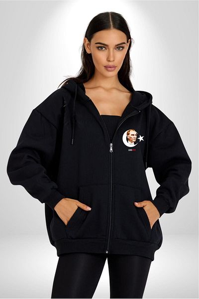 Angemiel Atatürk Turkish Flag - Women's and Men's Black Hooded Cardigan Sweatshirt