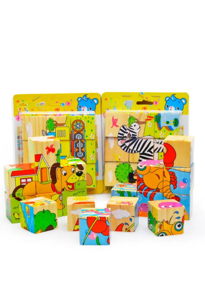 babyist 2'Li 6 Farklı Karakter 9’lu Ahşap Küp Eğitici Yapboz