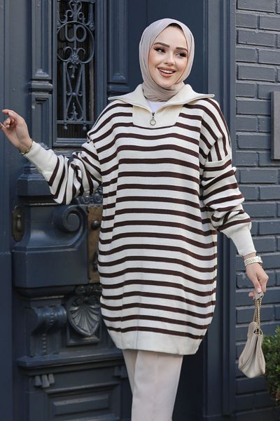 Neva Style Tunica de tricotaj Hijab cu dungi crem - 65902KR