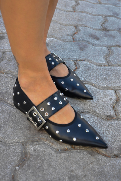 SİBA SHOES Mirage Staple Detailed Pointed Toe Black Women's Ballerina Shoes