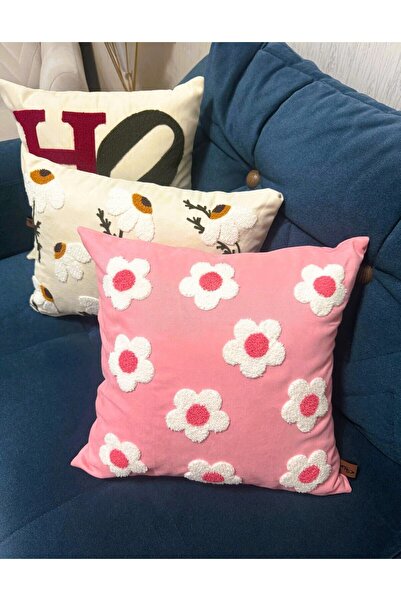HD HOME COLLECTİON Linen Fabric Daisy Pattern Punch Throw Pillow Cover (Panç
