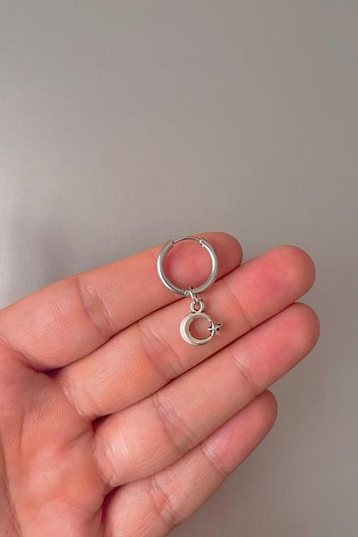 Jaida Moda Unisex Silver Crescent Star Figure Dangle Steel Hoop Earrings