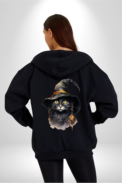 Angemiel Black Cat Printed - Witch Hat Men's Cardigan Sweatshirt