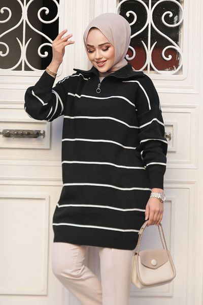 Neva Style Μαύρο ριγέ Hijab Knitwear Tunik - 65901S