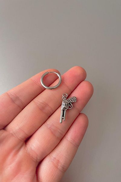 Jaida Moda Unisex Silver Gun Figured Steel Hoop Earrings
