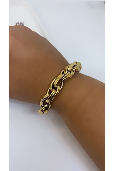 By Semra Sarmal Model Kuyumcu İşçiliğinde Kalın Gold Kadın Çelik Bileklik