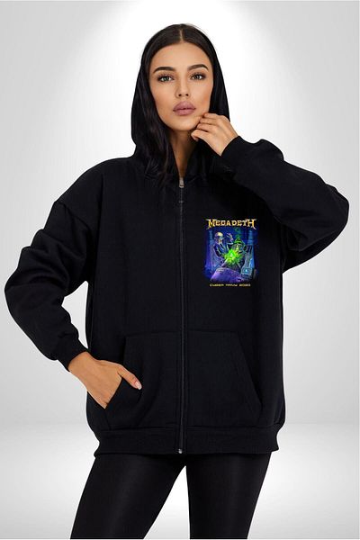 Angemiel Megadeth Heavy Metal Printed Black Hooded Zippered Cardigan Sweatshirt - Women and Men