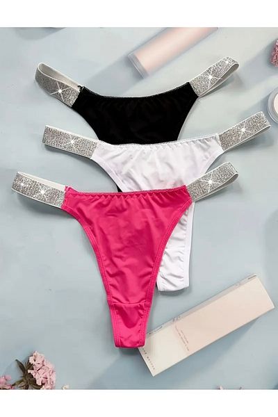 El Major Silvery Thick Strip Detail Thong Panties 3 Pack