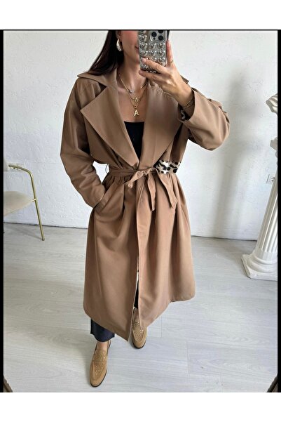 BERİ BUTİK Kadın Içi Leopar Astarlı Camel Trençkot