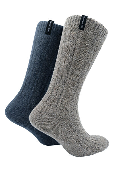 Bambuleyyo Çorap Erkek Kalın Şık Bot Çorabı - Yün Içerikli - 2'li Paket, Sardalya Gri Ve Çelik Mavi, Saç Örgü Desen