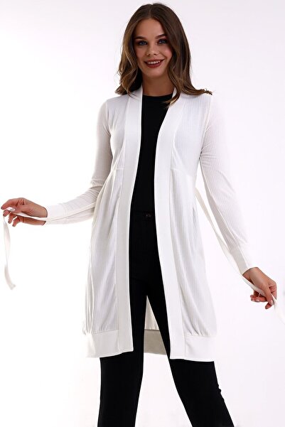 Şiir Mindelo Women - Flexible Jacquard Ecru Combed Cotton Long Cardigan & Hijab Cardigan