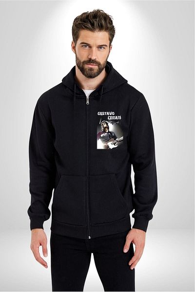 Angemiel Gustavo Cerati Music Printed Black Hooded Cardigan Sweatshirt - Men and Women