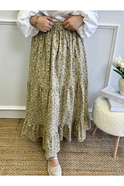 Moda Lippa Πράσινη φούστα με φλοράλ μοτίβο με στρώσεις φιστικιού