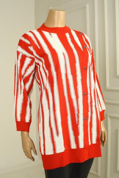 By Saygı Women's Buttoned Front Detailed Glittery Neck Striped Large Size Knitwear Tunic Sweater