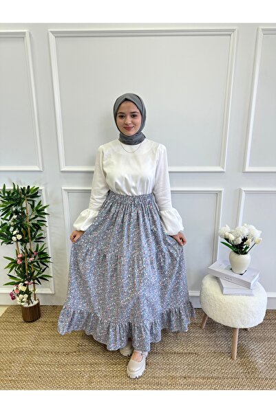 Moda Lippa Floral Patterned Layered Dark Blue Skirt