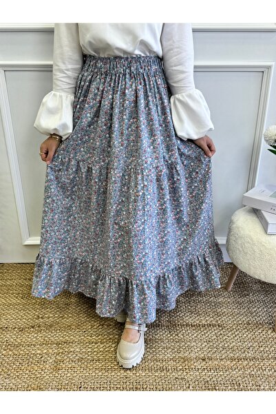 Moda Lippa Floral Patterned Layered Dark Blue Skirt