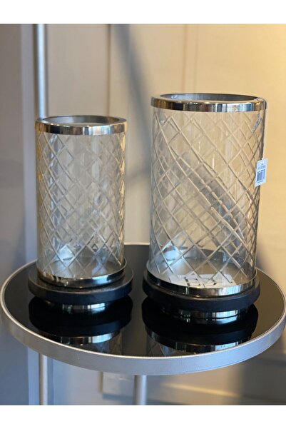 ELİŞ 2 li mermerli çizgili baklava desenli cam mumluk gümüş