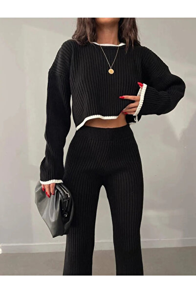 LocaMz Black Oversize Slit Detailed Crew Neck Knitwear Bottom-Top Set