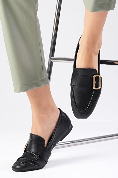 Mio Gusto Martina Hakiki Deri Siyah Renk Küt Burunlu Kadın Loafer Ayakkabı
