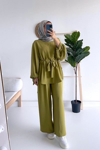 Ka Hijab Green Waist Belted Suit Set