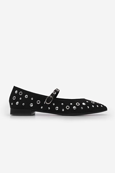Marjin Black Suede Women's Ballerinas - Pointed Toe, Studded and Troc Daily Laventus