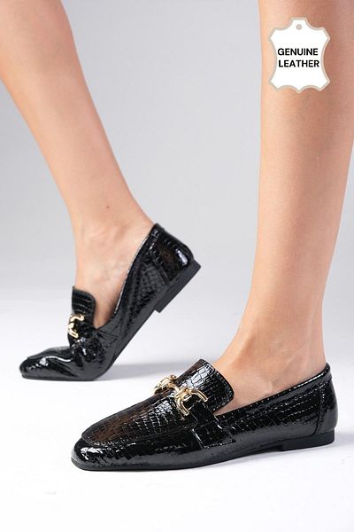 Mio Gusto Jordane Black Genuine Leather - Animal Patterned Blunt Toe Women's Loafer