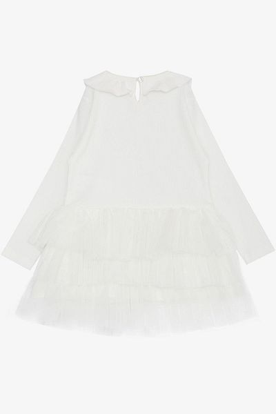 Breeze Girl's Long Sleeve Dress with Tiered Tulle and Bow, 1.5-5 Years, White
