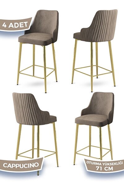 Canisa Enox Serisi 4 Adet Cappucino Mutfak Bar Sandalyesi Babyface Kumaş Gold...