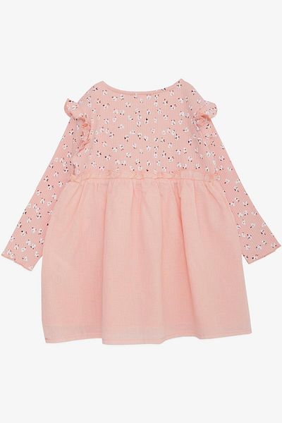 Breeze 2-6 Years Girl Pink Long Sleeve Floral Print Dress with Buttons and Ruffles on the Shoulder