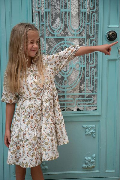 Escabel Rochie Fata Motiv Floral Maneci Volant Varsta 5-9 Ecru