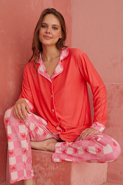 ELİTOL Nar Çiçeği Ekose Desenli Önden Düğmeli Uzun Kollu Örme  Pijama Takımı