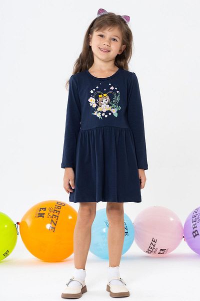 Breeze 3-7 Years Girl's Navy Blue Long Sleeve Flower Printed Dress
