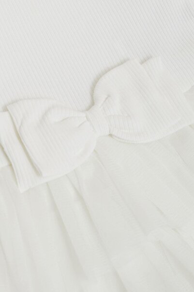 Breeze Girl's Long Sleeve Dress with Tiered Tulle and Bow, 1.5-5 Years, White