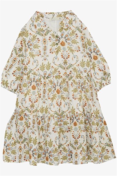 Escabel Girl's Dress Flower Motif Sleeves Flounced Age 5-9 Ecru