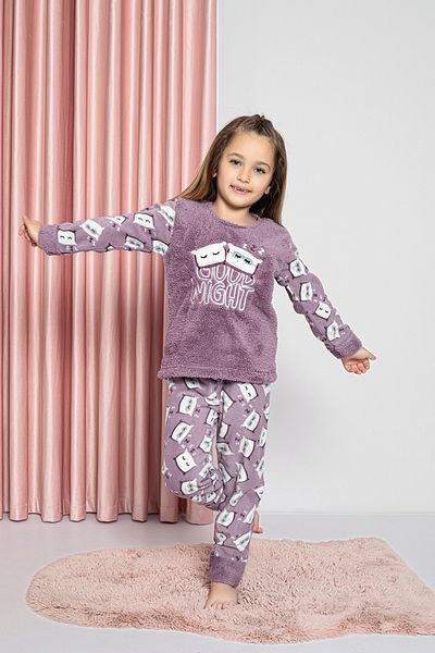 KAPİKİDS KAPİ KİDS Long Sleeve Padded Purple Color Girl's Fleece Children's Pajama Set