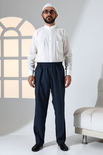 ihvanonline Men's Relaxed Fit Elastic Waist Pocket Hajj and Umrah Fabric Shalwar Trousers - Navy Blue (Isr)