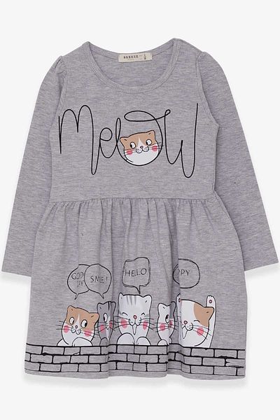 Breeze Girl's Long Sleeve Dress, Kitten Patterned, Age 3-7, Gray Melange
