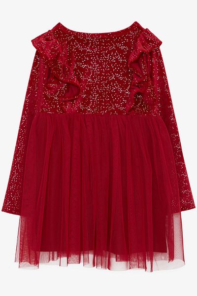 Breeze Girl's Velvet Dress with Bow and Glitter Tulle Age 4-8 Red