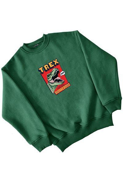 Vtklmn Vatkalimon Kids Зелен суитшърт с щампа на динозавър T-Rex за момиче и момче
